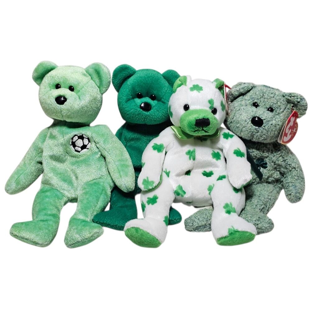Ty Beanie Babies Lot of 4 Kicks Shamrocks Clover Erin Green Stuffed Animal Toys